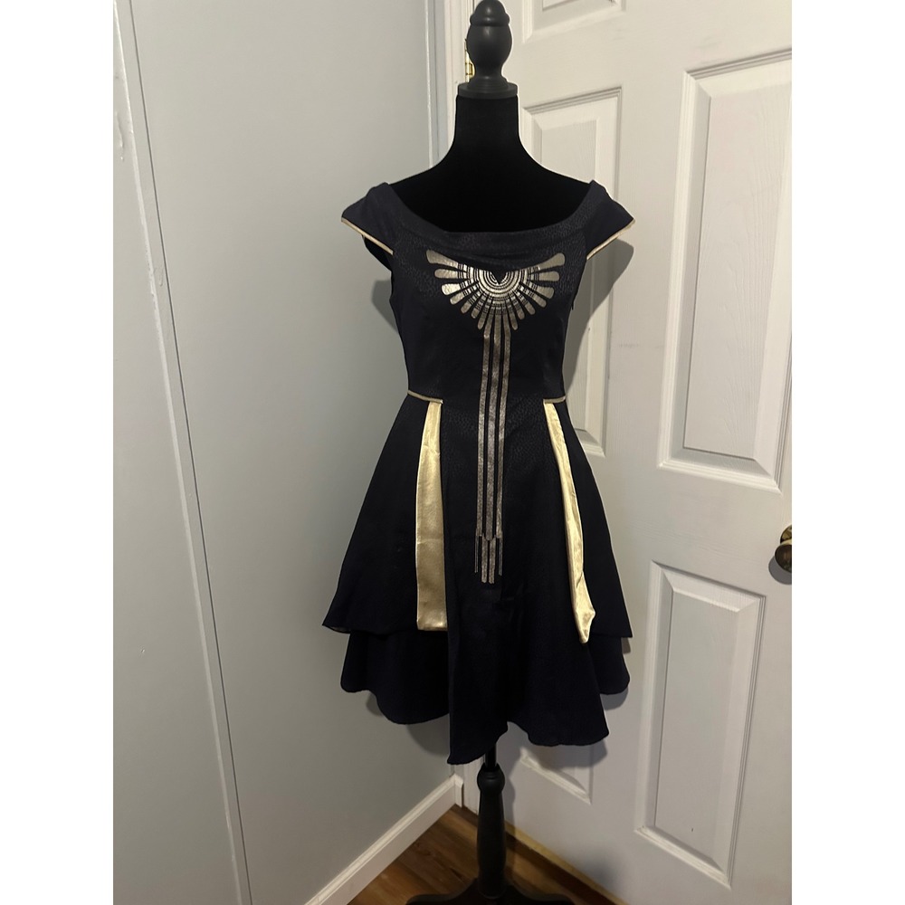 Black Gold Art Deco Wing Graphic Fit Flare Dress Animal Print Textured M